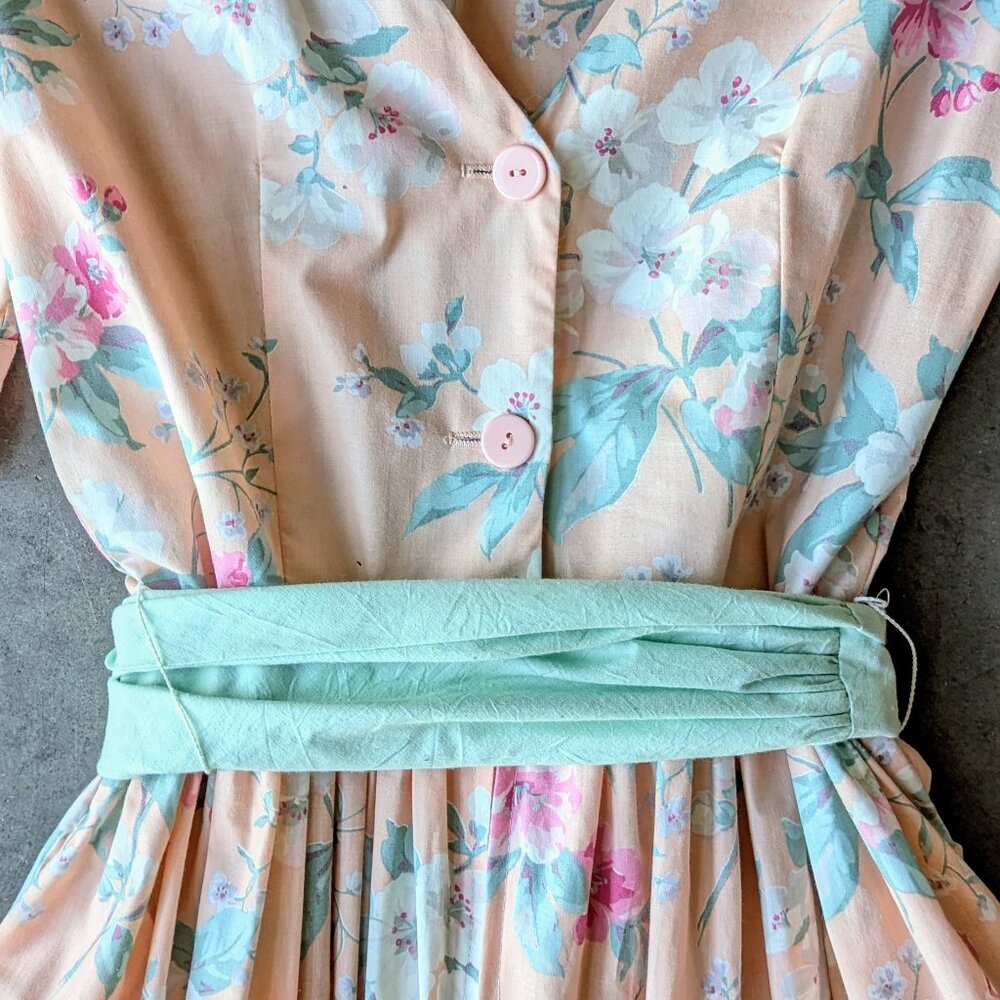 Vintage Clues Collections Pastel Orange Floral Puff Sleeve Midi Dress size 8 - Picture 12 of 13